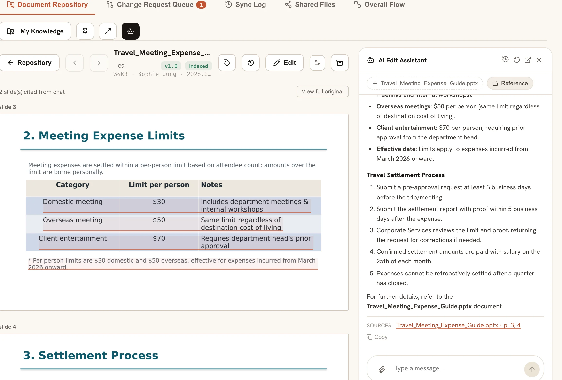 A question asked of a travel & meeting expense guide PPTX, covering both the expense limits and the settlement process. Two slides that back the answer — the limit table and the process list — are highlighted in the document on the left, and the chat on the right shows the answer with the source document name and cited pages.