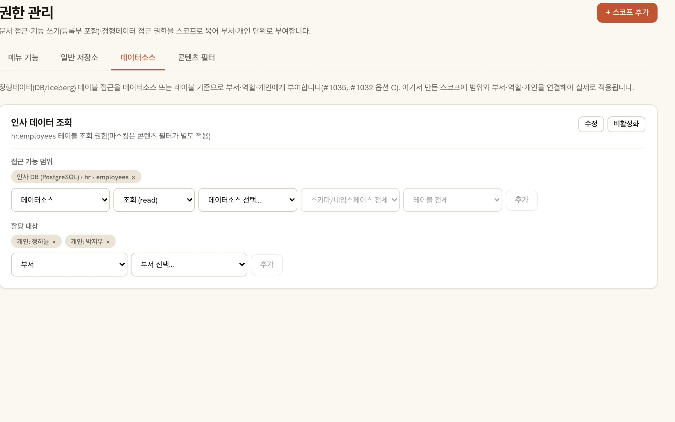 권한 관리 화면의 데이터소스 탭. 인사 데이터 조회 스코프에 접근 가능 범위와 할당 대상이 지정돼 있다.